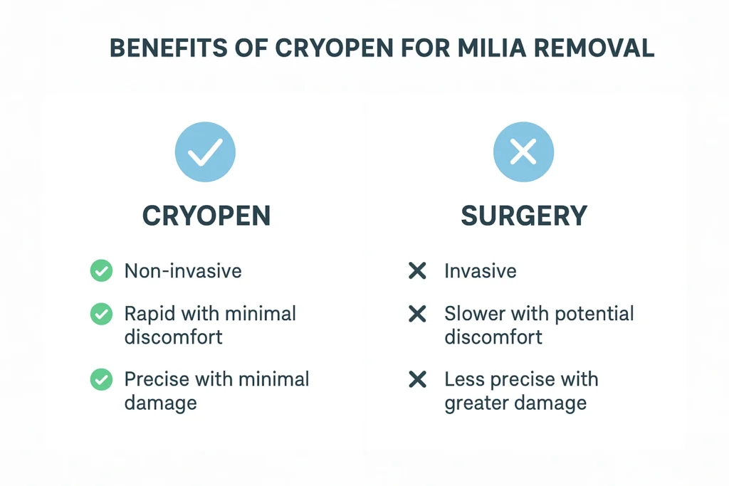 Benefits of cryopen for milia removal Old Trafford compared to surgical treatments.