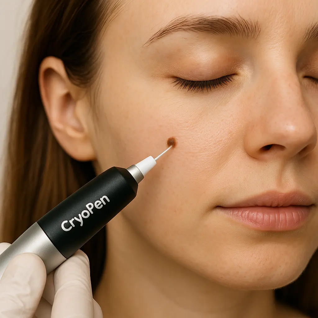 woman receiving facial mole removal Old Trafford using cryopen 