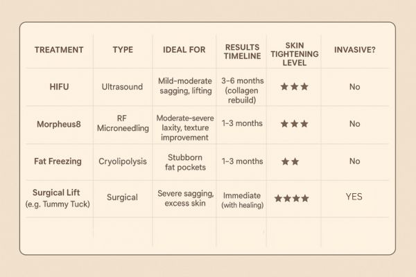 Table showing the comparisons of Skin tightening Old Trafford treatment options.